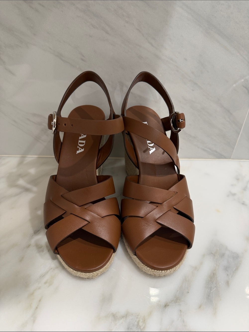 Prada Tan Leather Crisscross Wedge Sandals